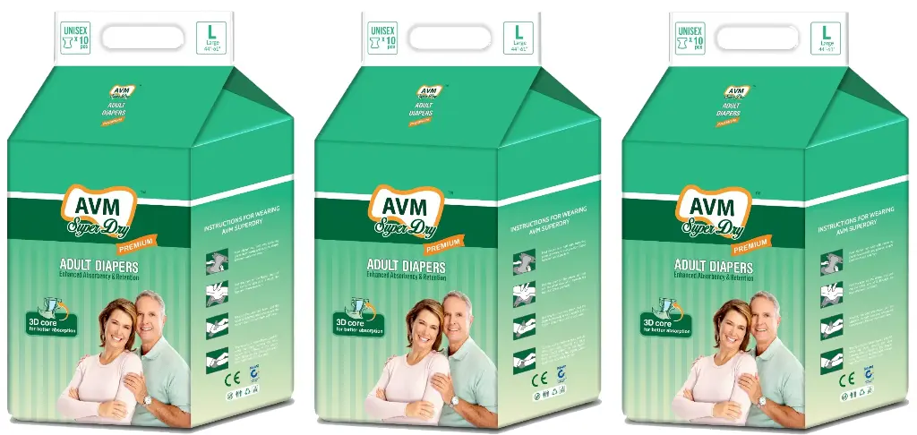 AVM Super Dry Premium Adult Diaper L size Waist (38"-60") PACK OF 3 (30 pcs) 
