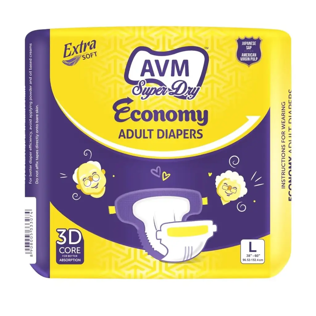 AVM Super Dry Economy Adult Diaper L size (Large) | Waist (38" - 60" | 96-152 cms) | Unisex | Leak Proof | Breathable Fabric - 10 Pcs/ 1 Pack