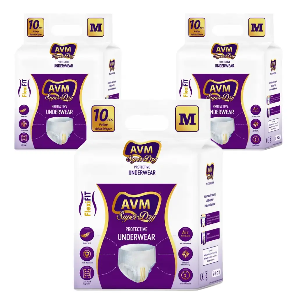 AVM Super Dry Protective Underwear Pull Up Adult Diaper M size | Waist (24" - 48" | 61-122 cms) Pack of 3 ( 30 Pcs )