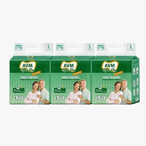 AVM Super Dry Premium Adult Diaper M size (Medium) | Unisex | Waist (28"-44") PACK OF 3 (30 pcs) | High Absorption | Wetness indicator | Leak proof | Odour lock.