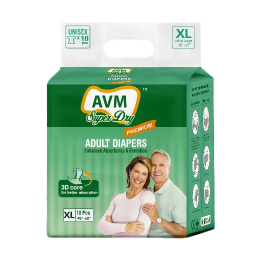 AVM Super Dry Premium Adult Diaper XL size | Tape Style | Waist (48"-68") 10 Pcs (Pack of 1)