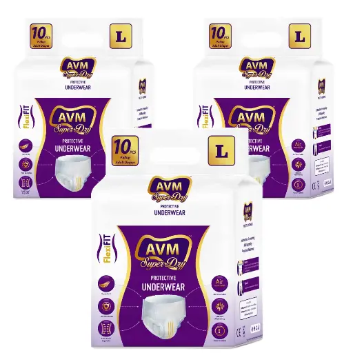 AVM Super Dry Protective Underwear Adult Diaper Pants L size Waist (32" - 55" | 81-140 cms) Pack of 3 - (30 Pcs)
