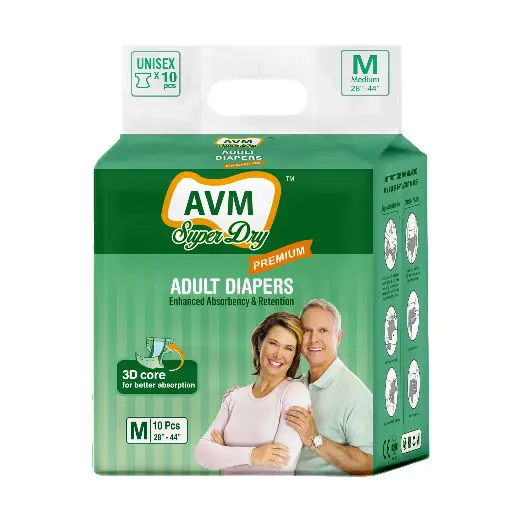 AVM Super Dry Premium Adult Diaper M size | Tape Style | Waist (28"-44") 10 pcs